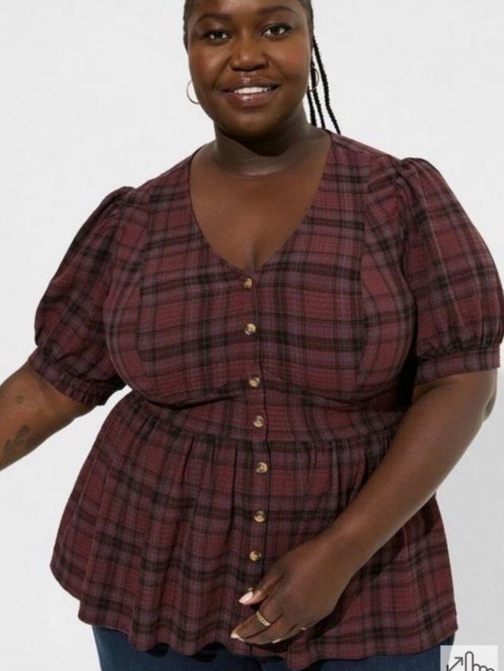 torrid Burgundy Plaid Button-Front Puff Sleeve Top